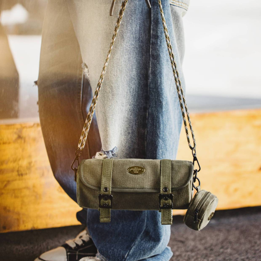 馬登工裝 美式復古帆布圓筒包隨身包通勤小包斜跨包包子母零錢包