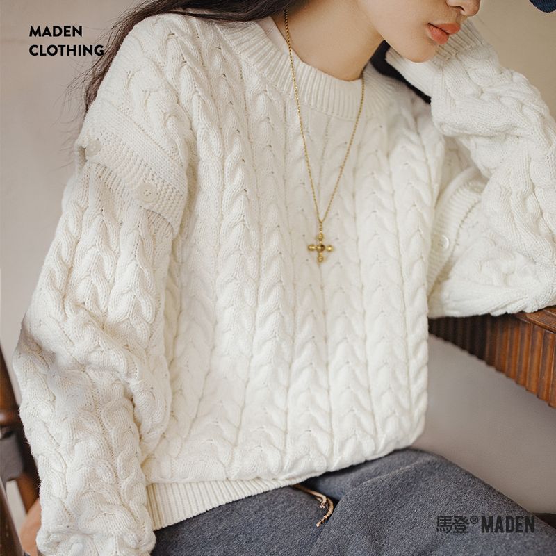 馬登女裝 可拆卸袖子絞花毛衣復古奶油白慵懶麻花針織衫秋冬