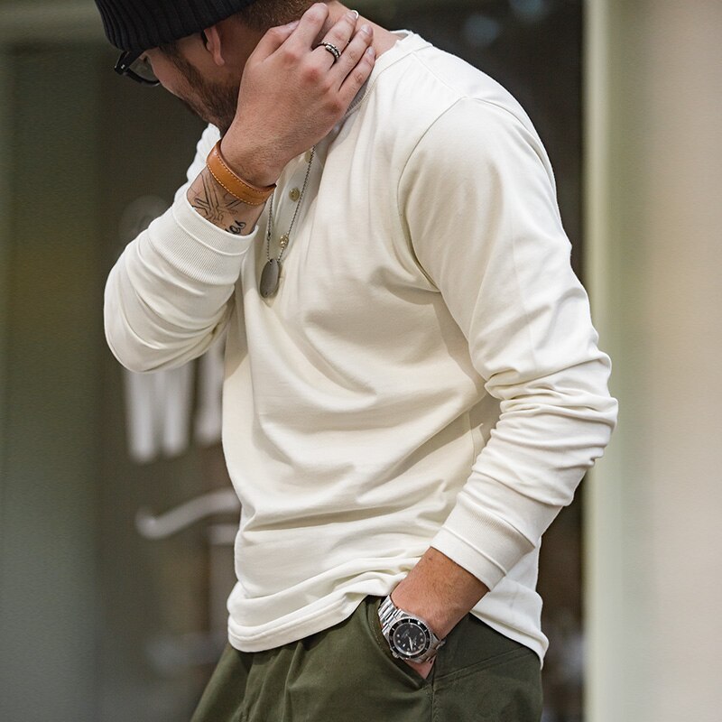 馬登工裝 美式復古重磅長袖亨利衫T卹開領硬漢外穿打底衫