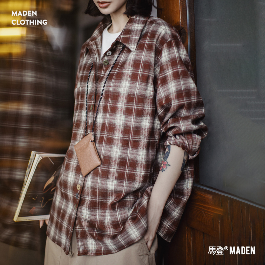馬登女裝 美拉德棕咖色系磨毛格子紋長袖襯衫寬鬆襯衣外套上衣女士秋冬