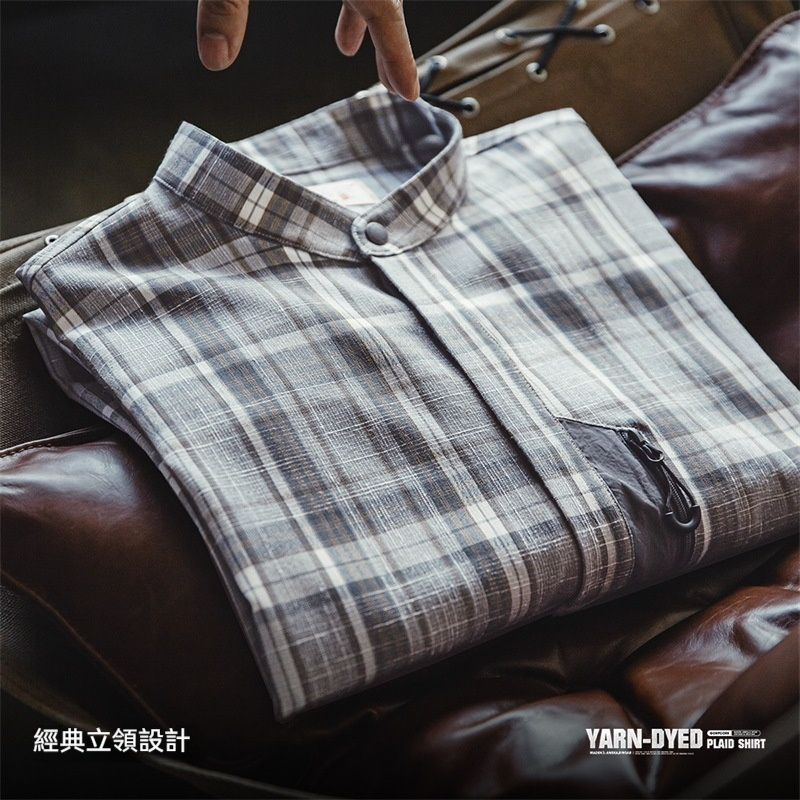 馬登工裝 美式復古立領格子襯衫Cleanfit混紡休閒長袖襯衣男秋