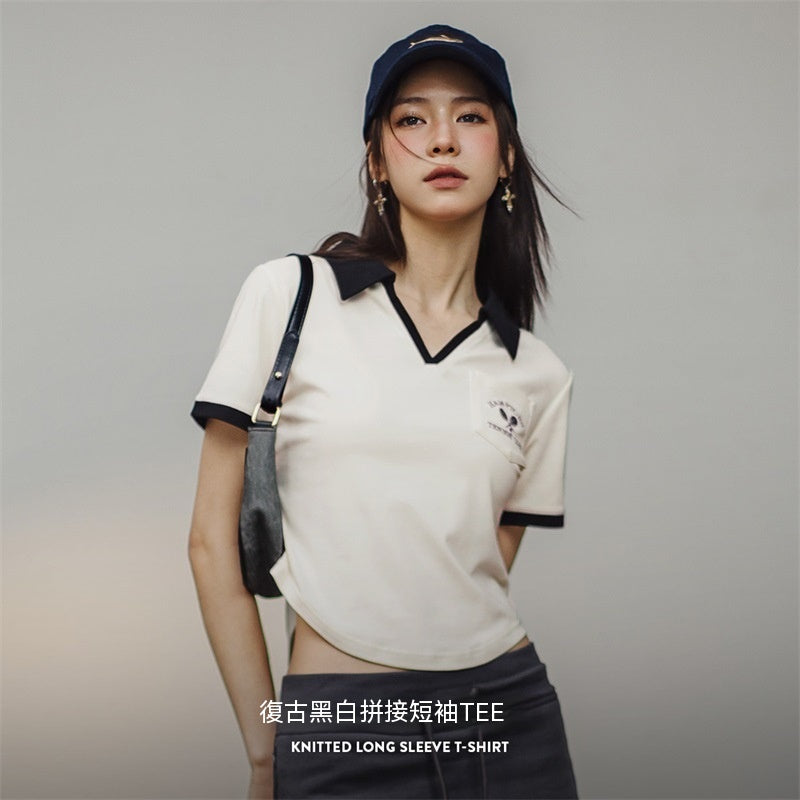 馬登女裝 復古刺繡V領Polo衫修身顯瘦口袋T恤小眾設計感撞色上衣