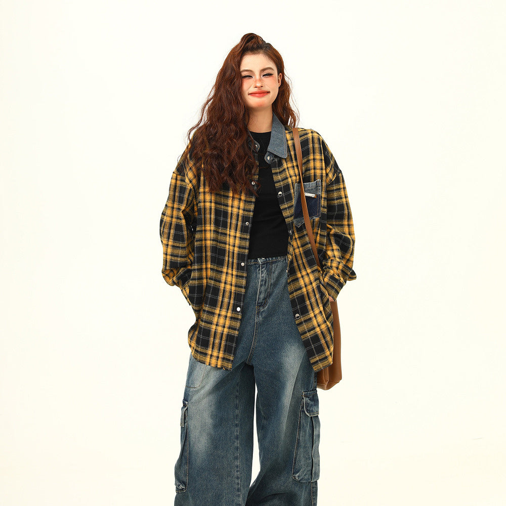 高級感外穿格子襯衫女復古寬鬆百搭早秋黃色格紋襯衣外套