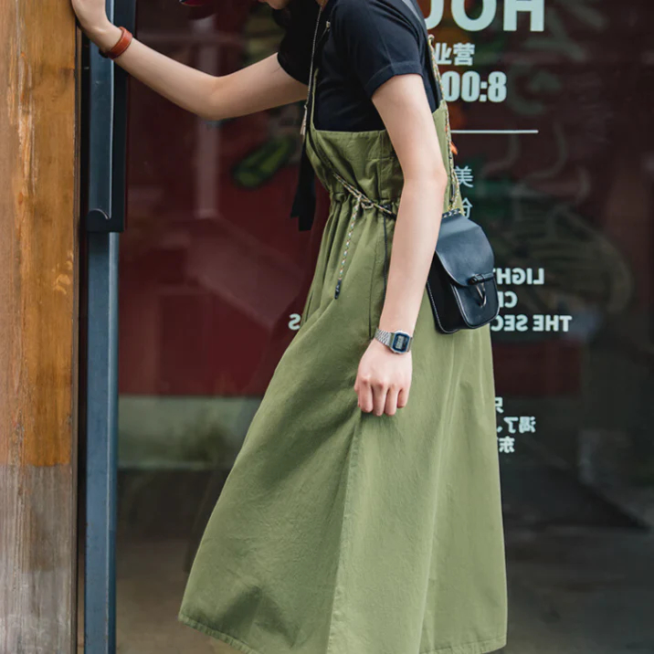 馬登女裝 山系休閒口袋背帶裙梨型身材收腰顯瘦衣連長裙