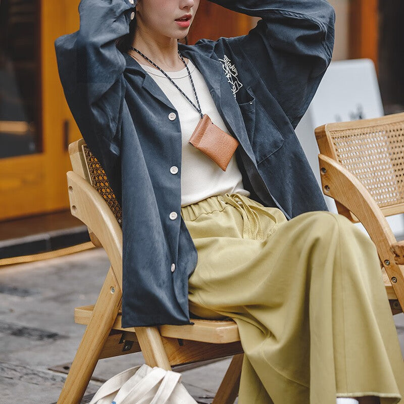 馬登女裝 美式復古磨毛刺繡桃皮絨襯衫寬鬆翻領保齡球襯衣女潮