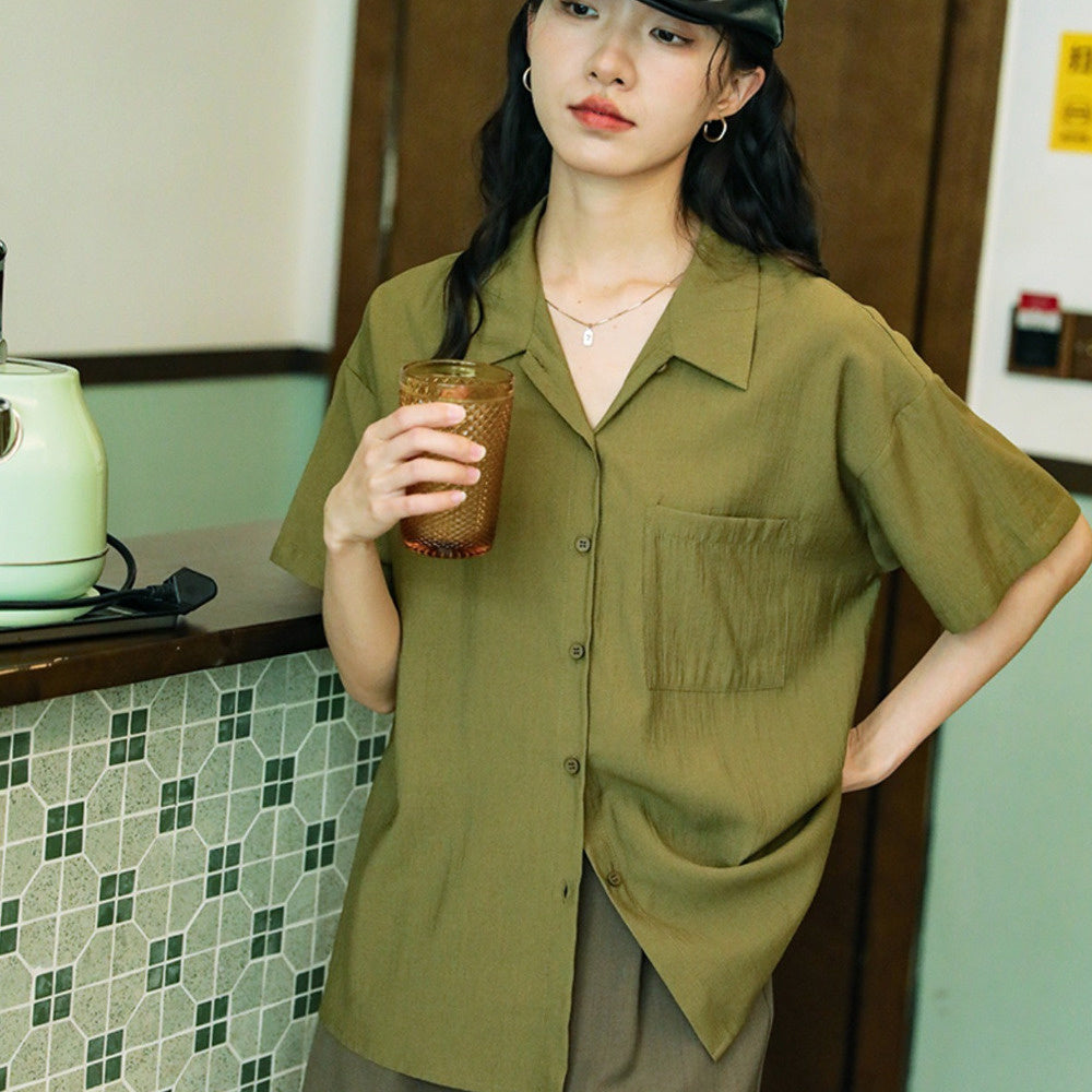 港風復古簡約風綠色設計感短袖襯衫寬鬆上衣顯瘦口袋襯衣女