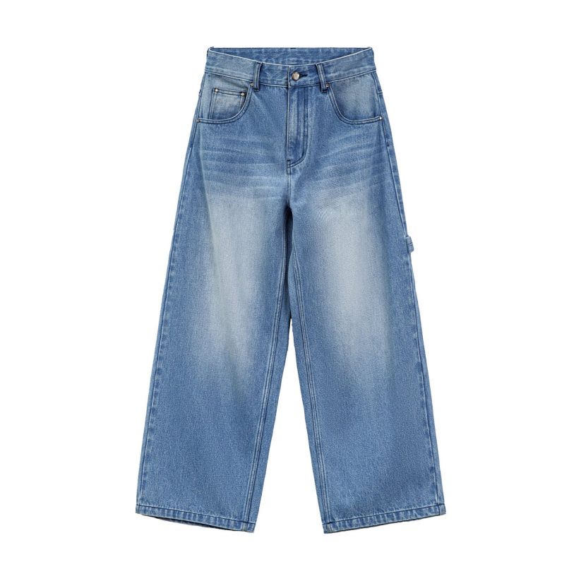馬登女裝 淺藍色美式復古水洗做舊寬鬆闊腿直筒牛仔褲拖地長褲子女士春