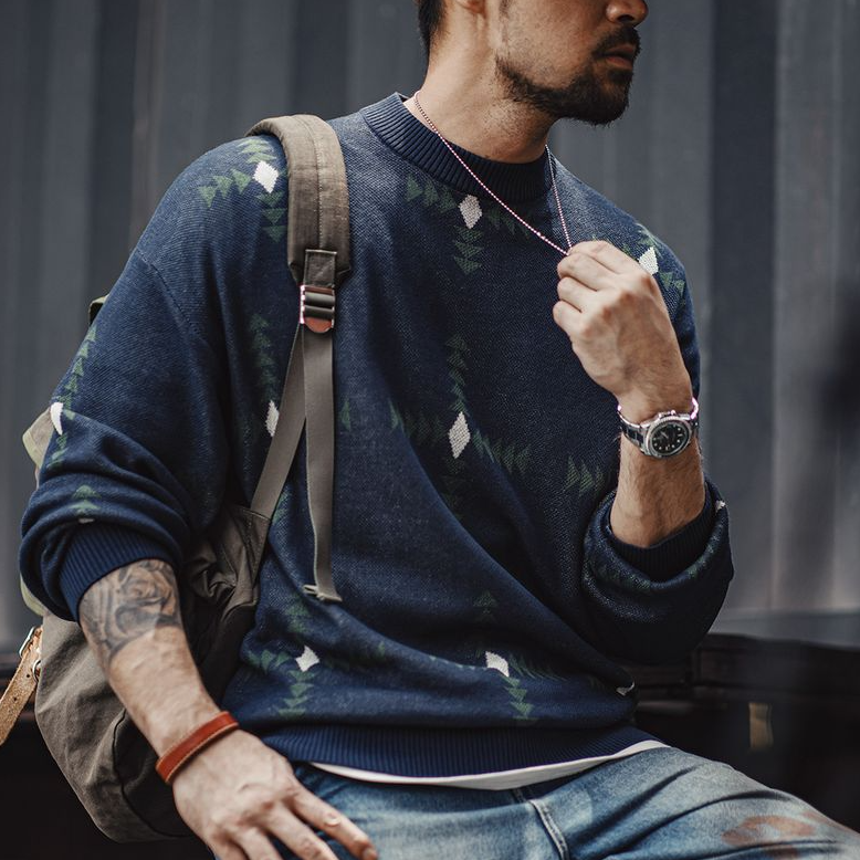 馬登工裝 美式復古幾何格紋針織毛衣學院風寬鬆圓領套頭衫上衣男秋冬