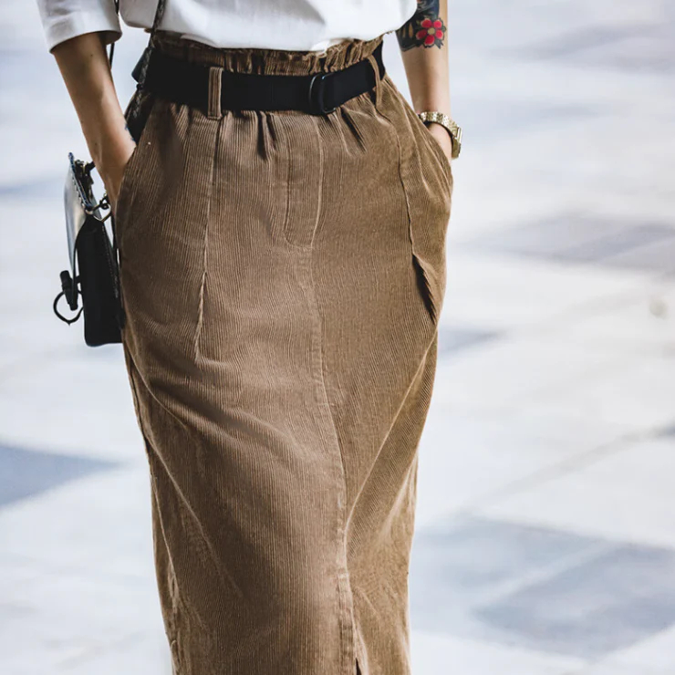 馬登女裝 復古燈芯絨口袋工裝半身裙純棉鉛筆裙腰帶直筒裙