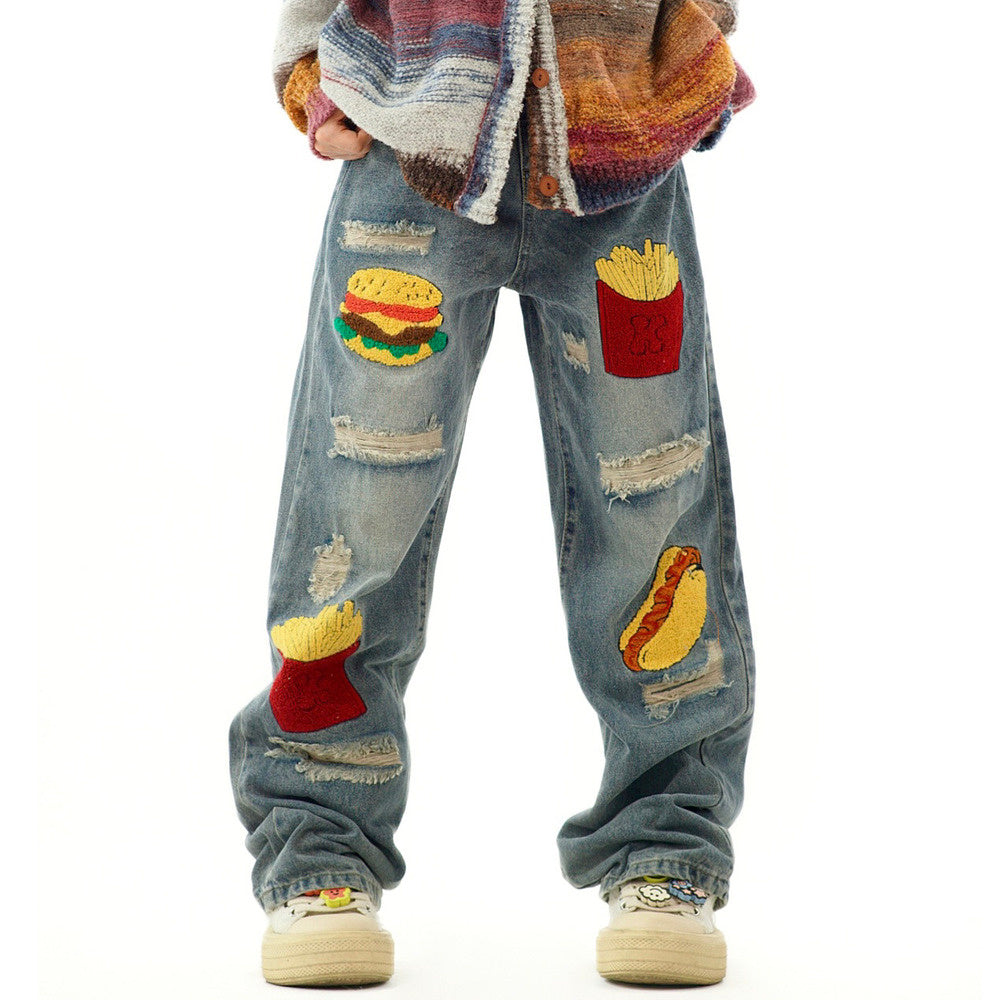 美式復古漢堡薯條破洞水洗牛仔褲寬鬆秋季街頭休閒長褲男女