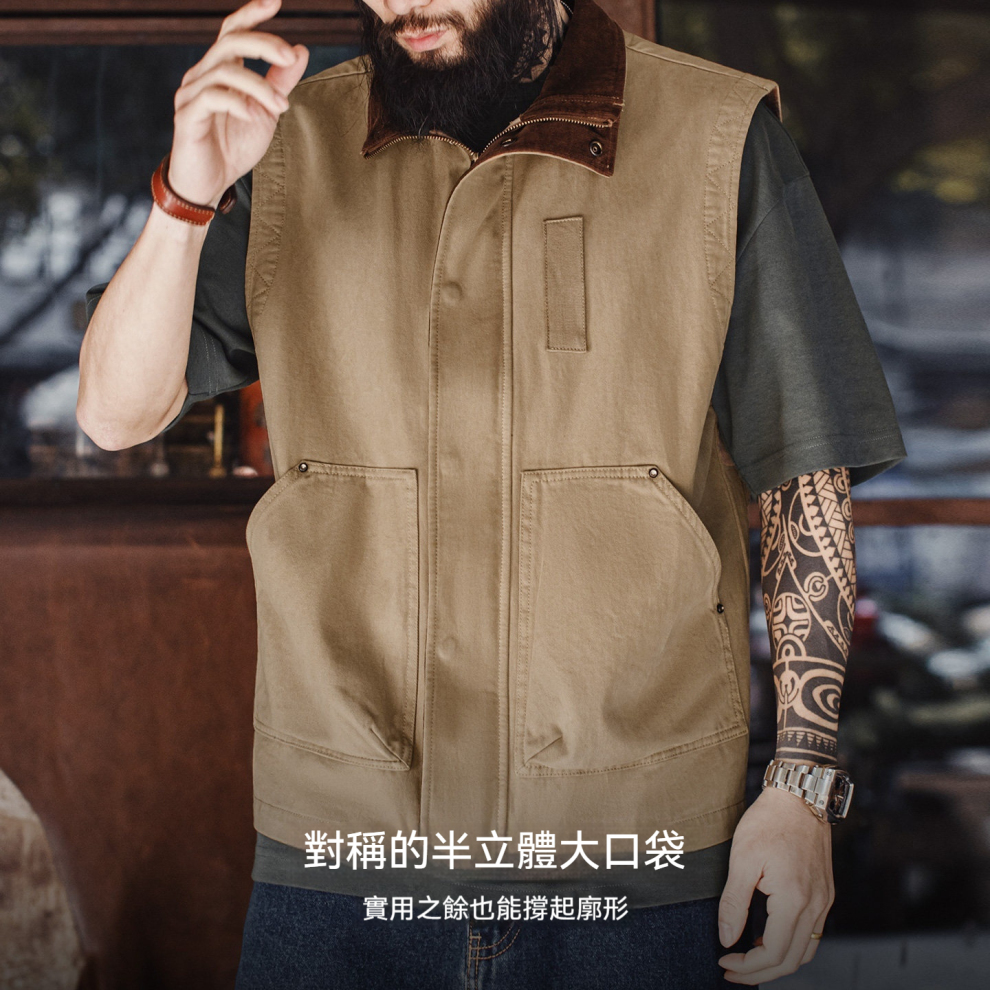 馬登工裝 美式復古safari馬甲獵裝純棉卡其色燈芯絨背心外套男款春