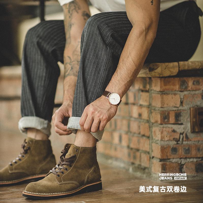 馬登工裝 美式復古HBT灰色牛仔褲直筒修身阿美咔嘰條紋長褲