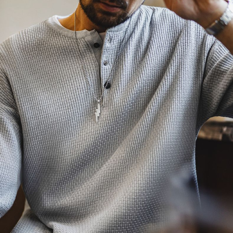 馬登工裝 美式竹節紋亨利衫短袖垂感針織灰色寬鬆半袖T恤春夏