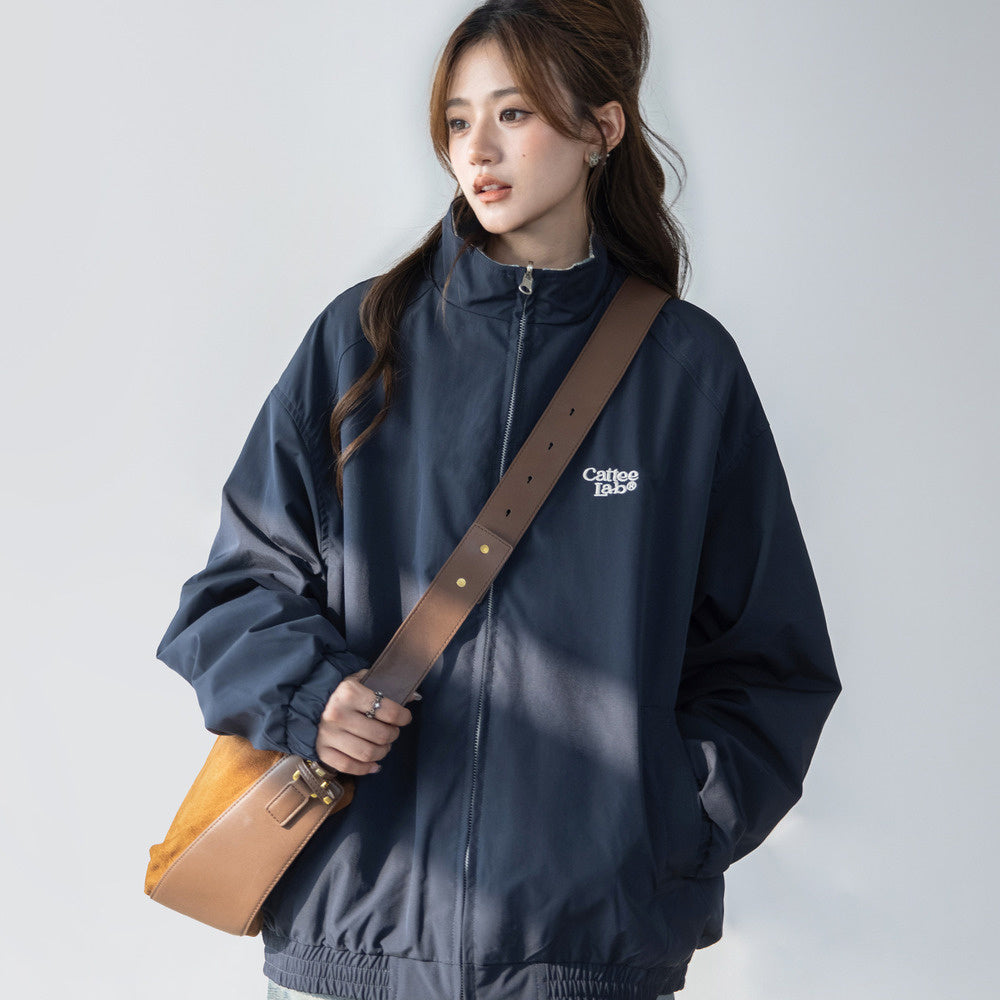 美式復古兩面穿拼接格紋外套學院風立領休閒工裝夾克