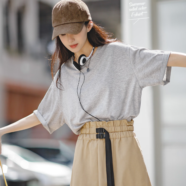 馬登女裝 美式休閒純色T恤寬鬆基礎款落肩短袖透氣上衣
