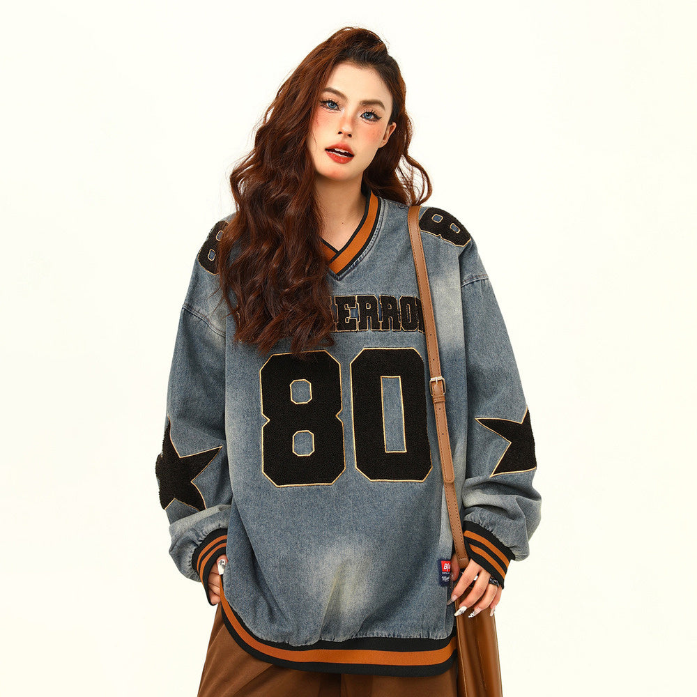 美式復古水洗重磅牛仔衛衣寬鬆秋季潮牌高級感情侶上衣