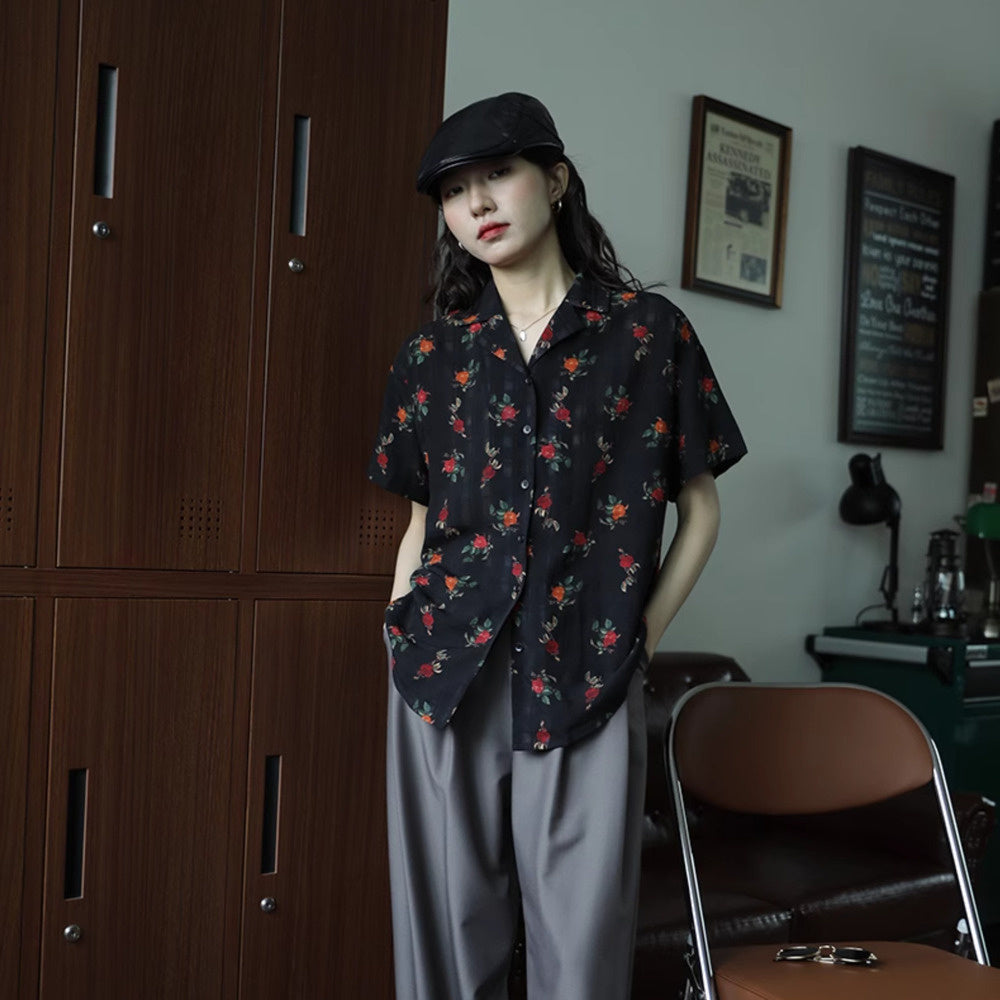 玫瑰花氣質翻領簡約復古港風設計感短袖襯衫女夏季顯瘦上衣