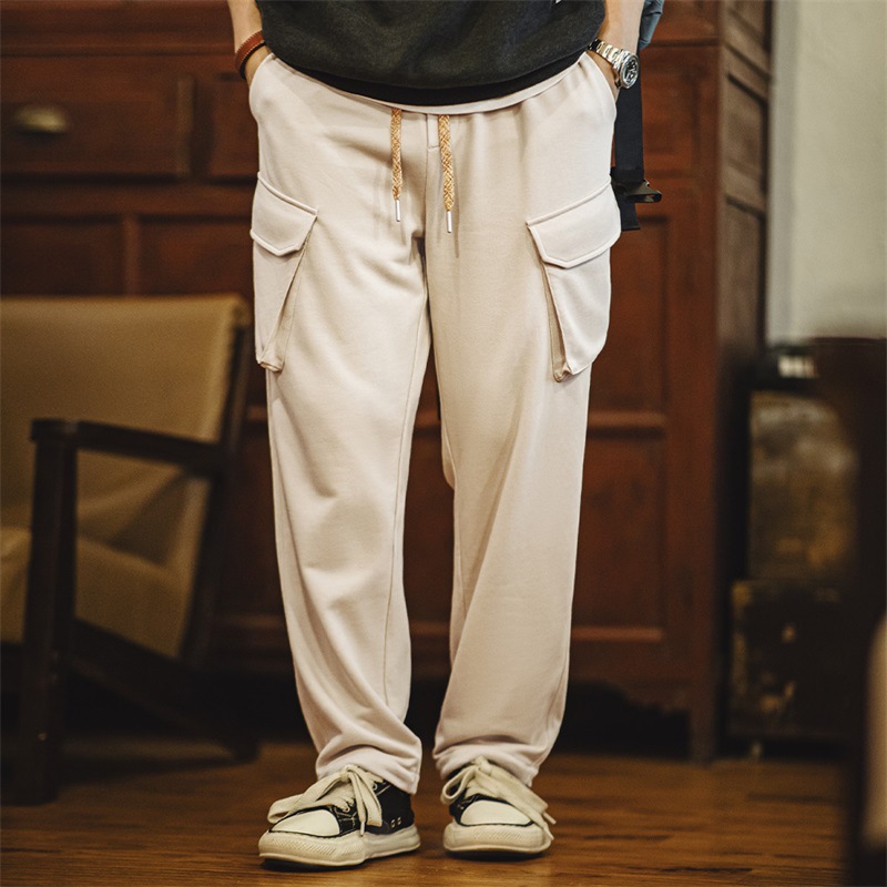 馬登工裝 美式復古多口袋直筒衛褲鬆緊腰抽繩運動休閒褲子男秋