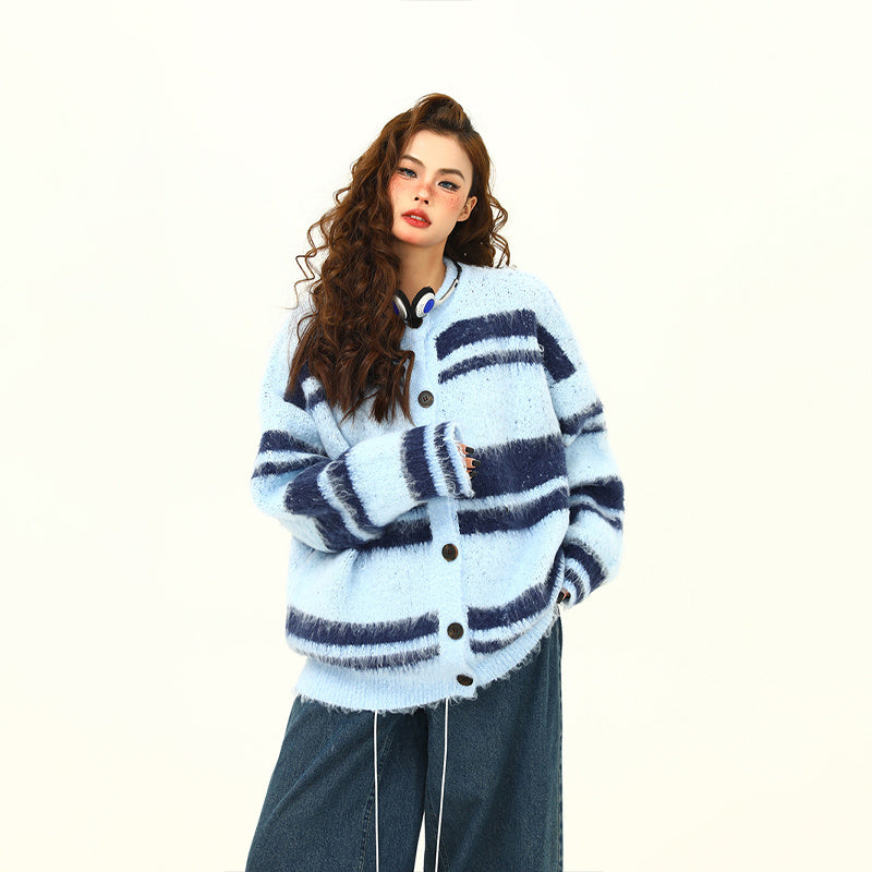 美式復古軟糯仿貂毛針織衫外套秋冬條紋慵懶寬鬆情侶外套