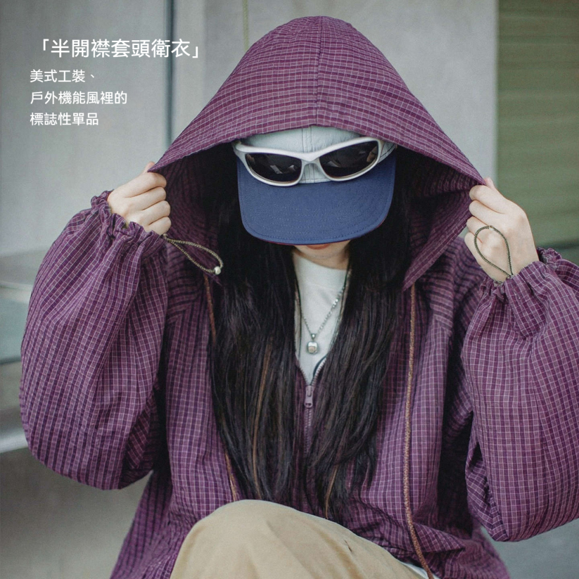馬登女裝 美式泡泡紗連帽半開襟工裝衛衣套頭衫寬鬆機能風上衣女士春