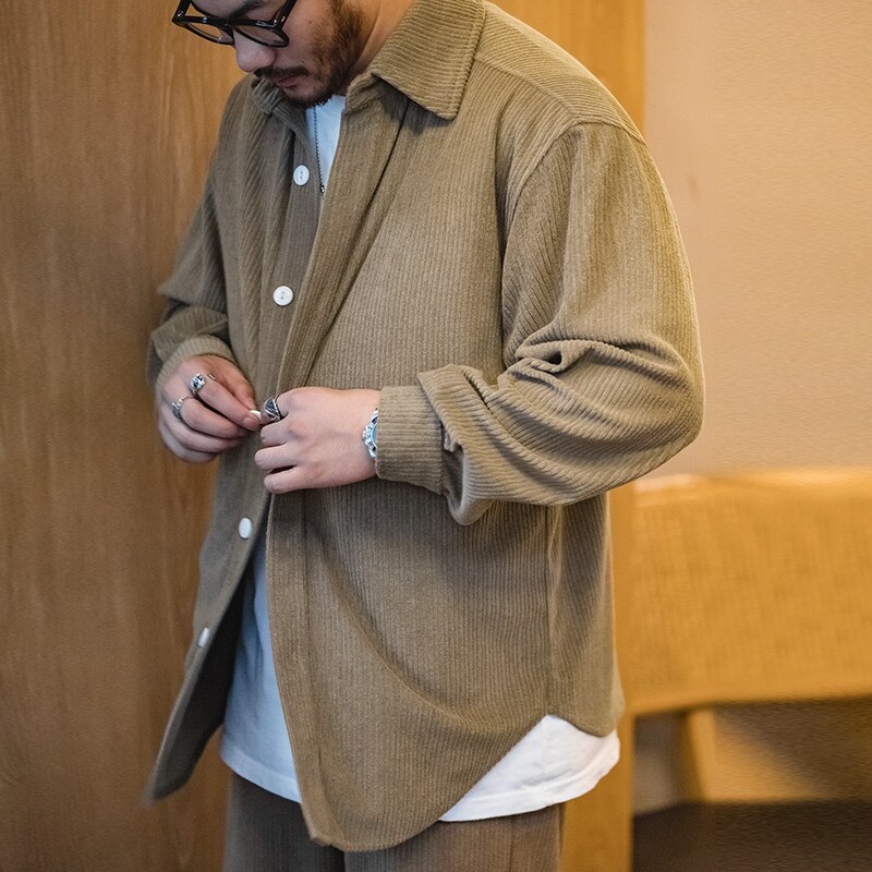 馬登工裝 復古提花針織長袖襯衫厚實外套襯衫落肩袖襯衫