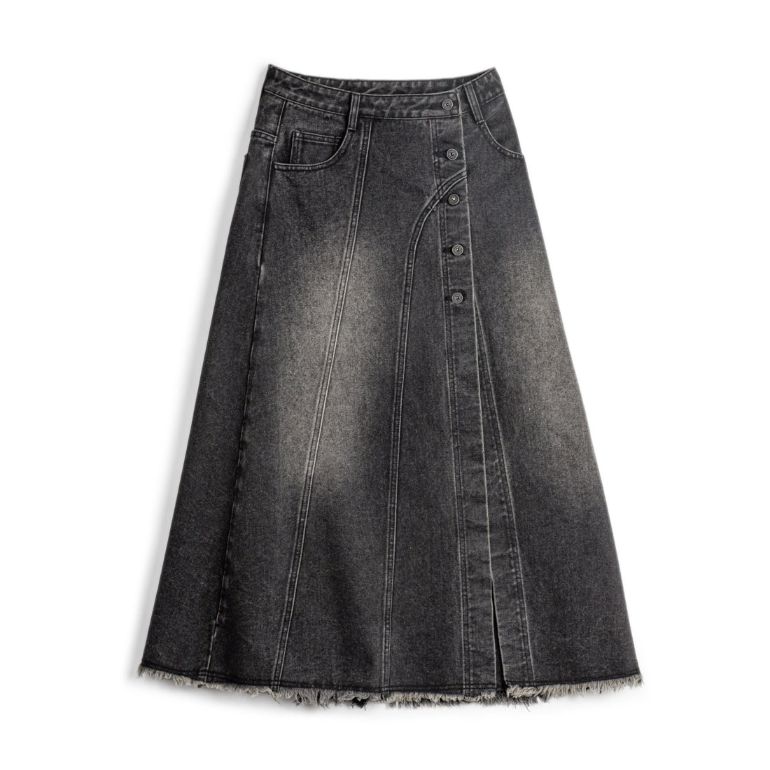 馬登女裝 烟灰色復古開衩牛仔高腰毛邊半身裙顯瘦A字傘中長裙子春