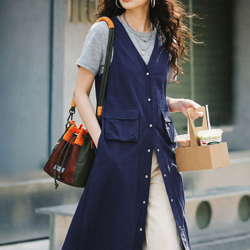 馬登女裝 工裝深V領連衣裙開衫外套外搭疊穿無袖馬甲背心裙女士春