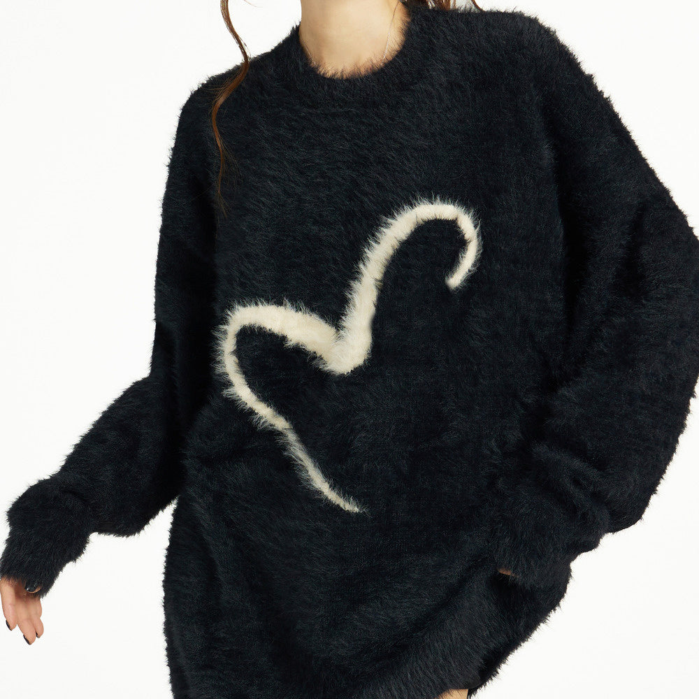 黑色套頭毛衣秋冬季寬鬆慵懶風針織軟糯馬海毛加厚長款設計感毛衣