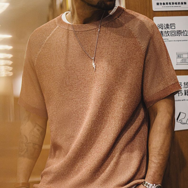 馬登工裝 美式復古橙色針織衫短袖休閒寬鬆圓領薄款透氣T恤春夏