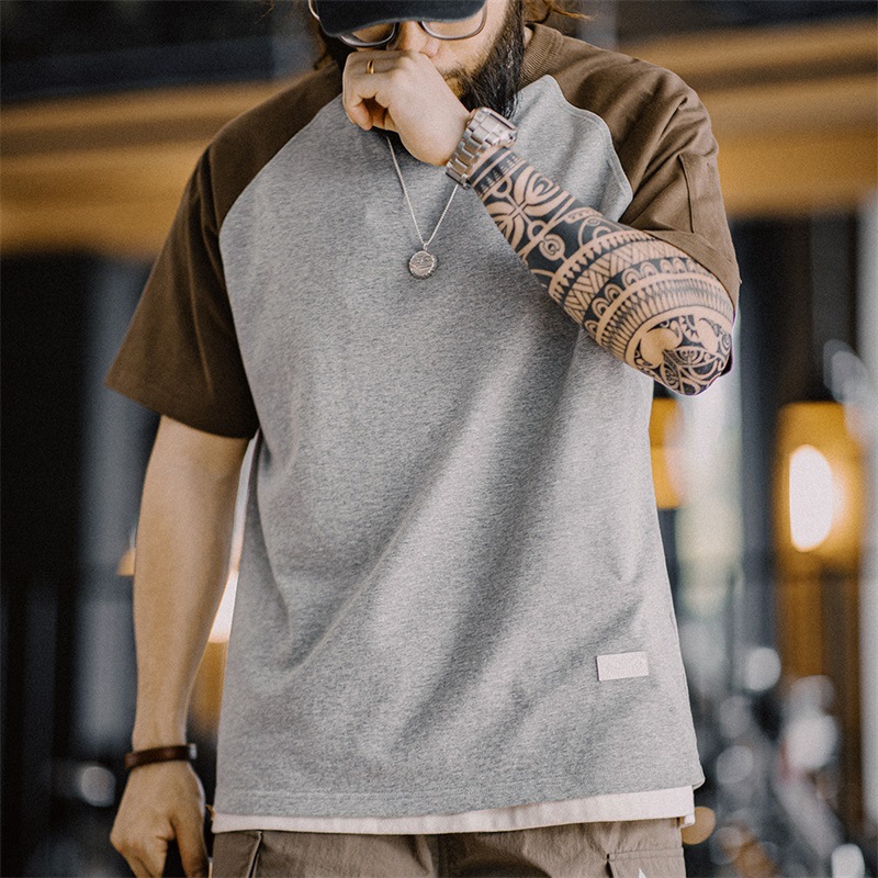 馬登工裝 美式復古插肩袖棒球衫短袖T恤撞色拼接純棉半袖體恤男春夏