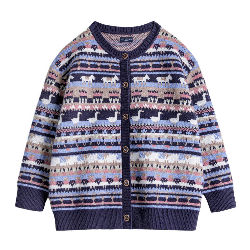 馬登女裝 動物圖案復古寬鬆加厚費爾島針織提花毛衣開衫外套上衣秋冬