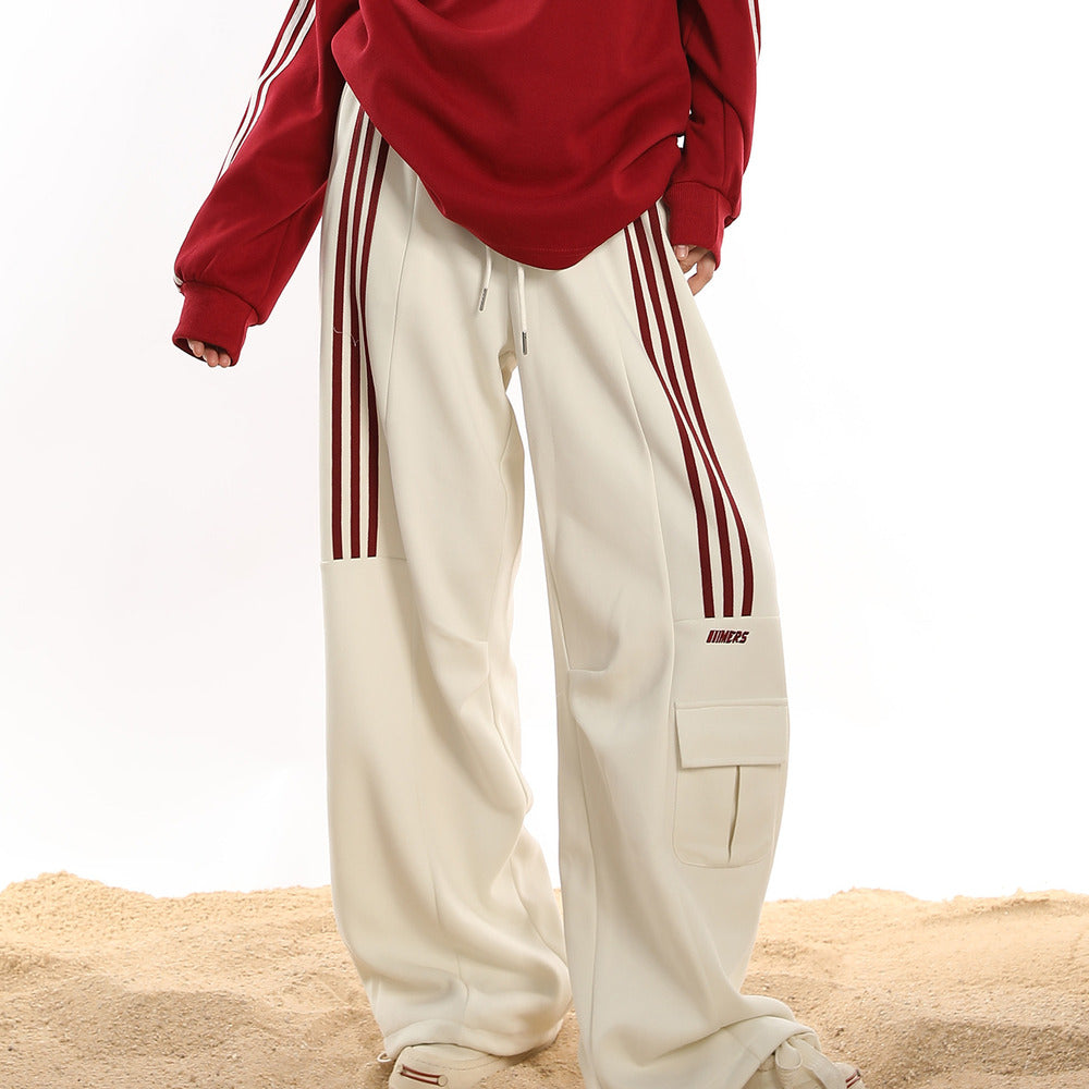 美式休閒運動衛褲女潮牌復古三條杠hiphop垂感闊腿工裝褲