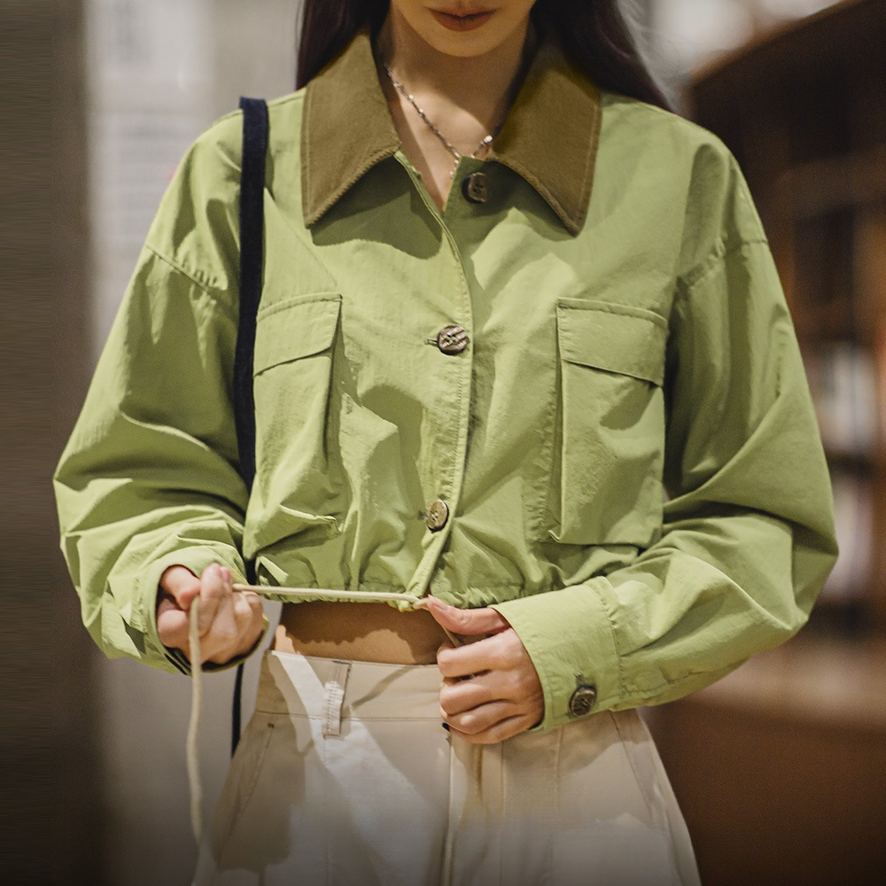 馬登女裝 巴恩風淺春系鼠尾草綠多口袋翻領夾克獵裝拼接領抽繩上衣春
