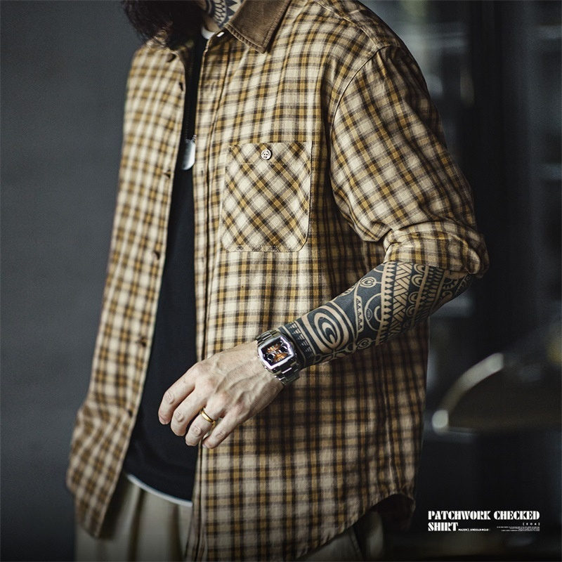 馬登工裝 美式復古蘇格蘭格紋長袖襯衫燈芯絨拼接翻領格子襯衣男秋