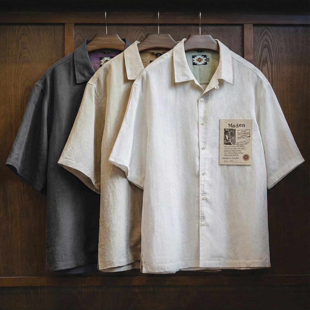 馬登工裝 萊賽爾短袖襯衫天絲古巴領鬆弛感襯衣美式老錢風襯衫夏季