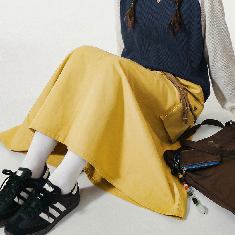 馬登女裝 美式復古鬆緊腰抽繩大裙擺半身長裙工裝A字傘裙子女士春