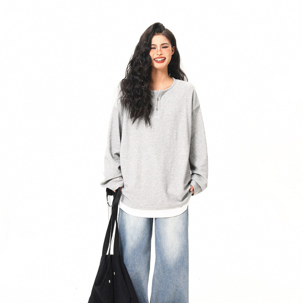 美式復古高級感假兩件長袖打底衫女秋季百搭潮流設計感上衣