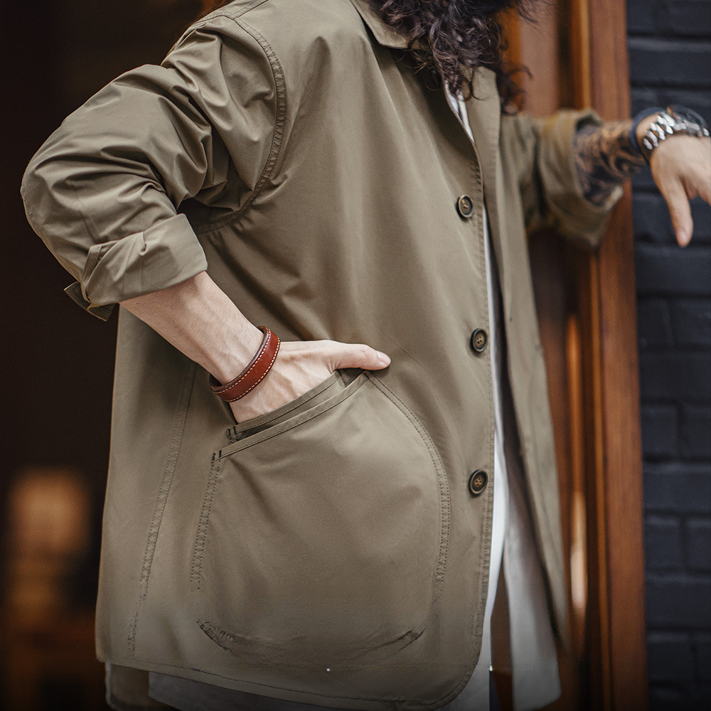 馬登工裝 法式復古斜插口袋工裝夾克薄款梭織翻領休閒廓形外套男春