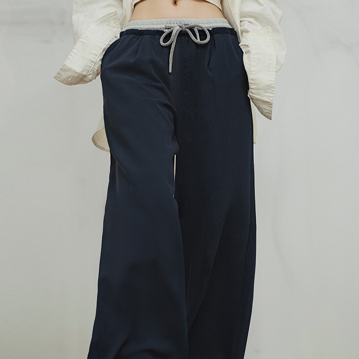 馬登女裝 美式抽繩鬆緊腰闊腿褲寬鬆直筒休閒長褲垂墜感拖地褲秋