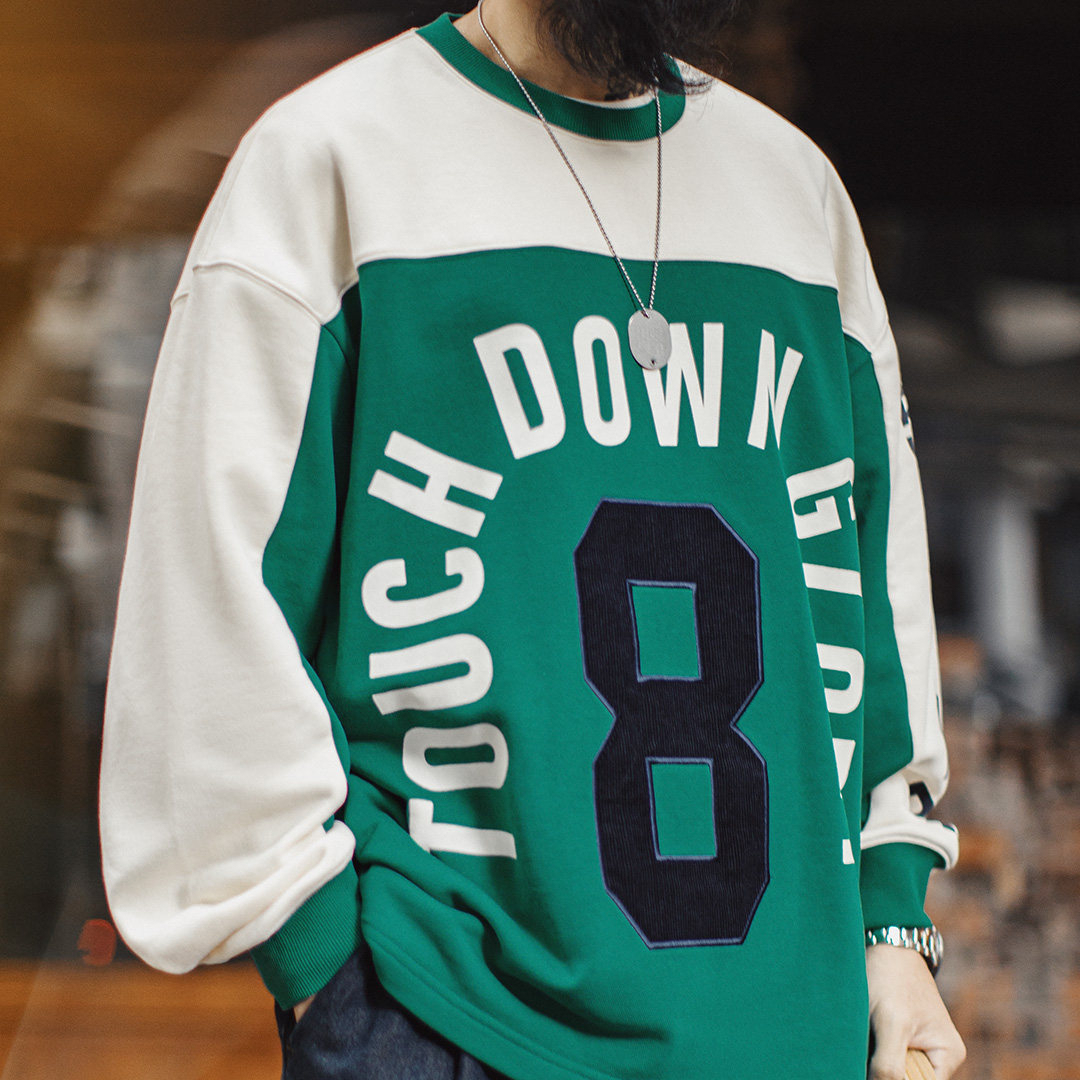 馬登工裝 美式復古球衣風撞色長袖T恤數字圓領套頭衛衣外套男款春