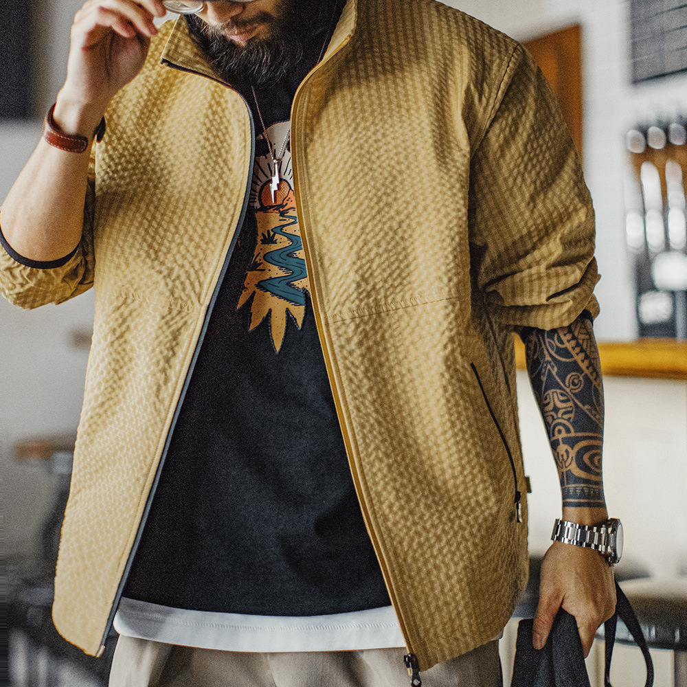 馬登工裝 美式休閒戶外山系夾克肌理感透氣防風立領薑黃外套男春夏