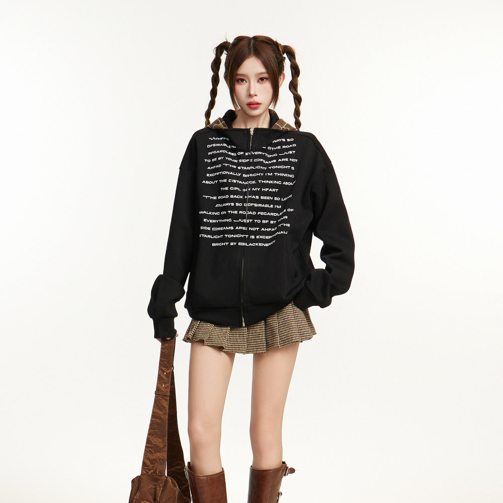 美式復古黑色拉鍊連帽衛衣外套秋冬寬鬆情侶套頭格子帽衫