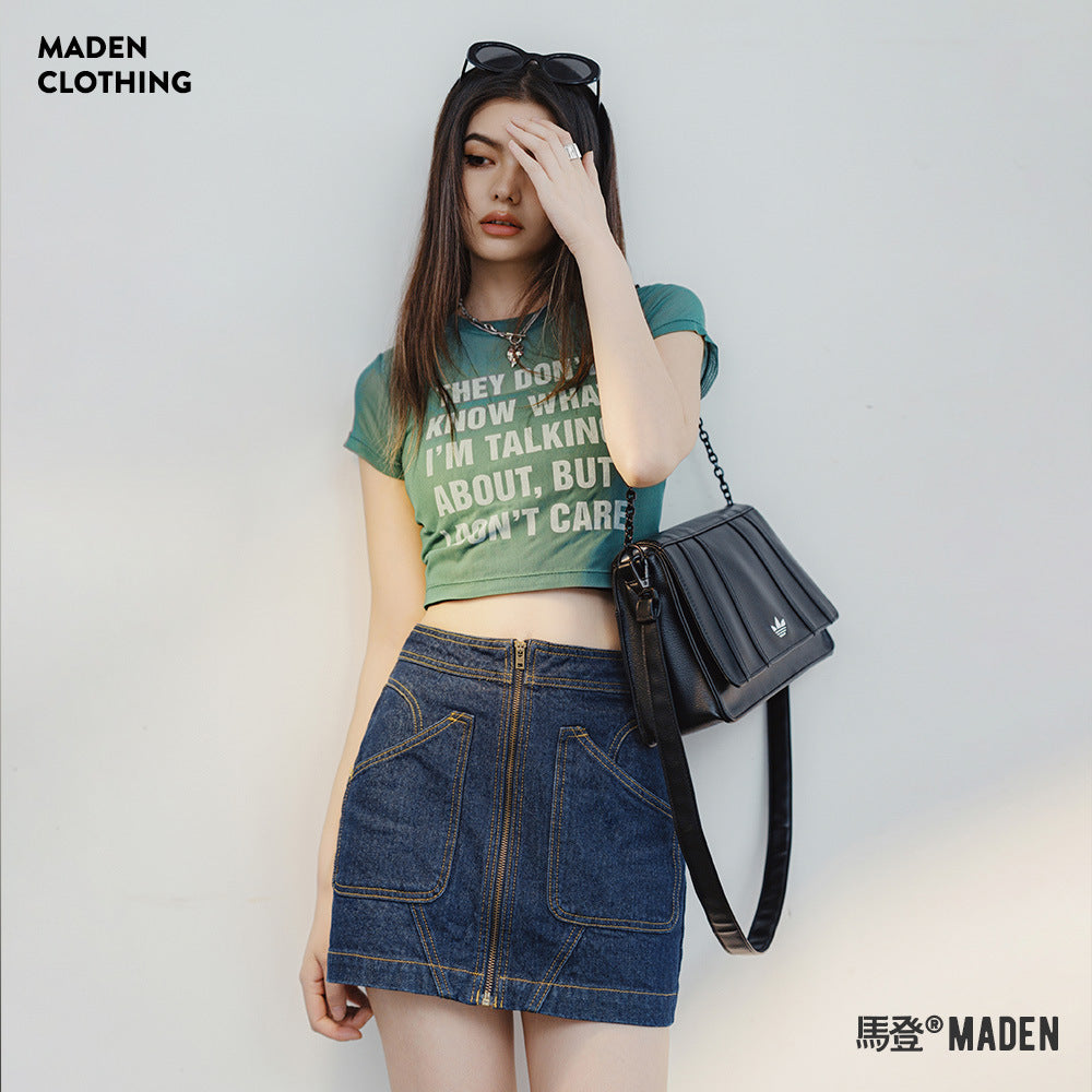 馬登女裝 復古拼接牛仔短裙修身百搭拉鍊設計感牛仔藍A字半身短裙