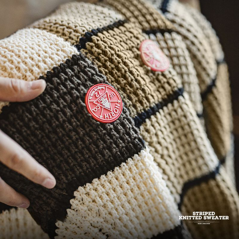 馬登工裝 美式復古撞色鳳梨條紋毛衣肌理感套頭圓領打底針織衫秋冬