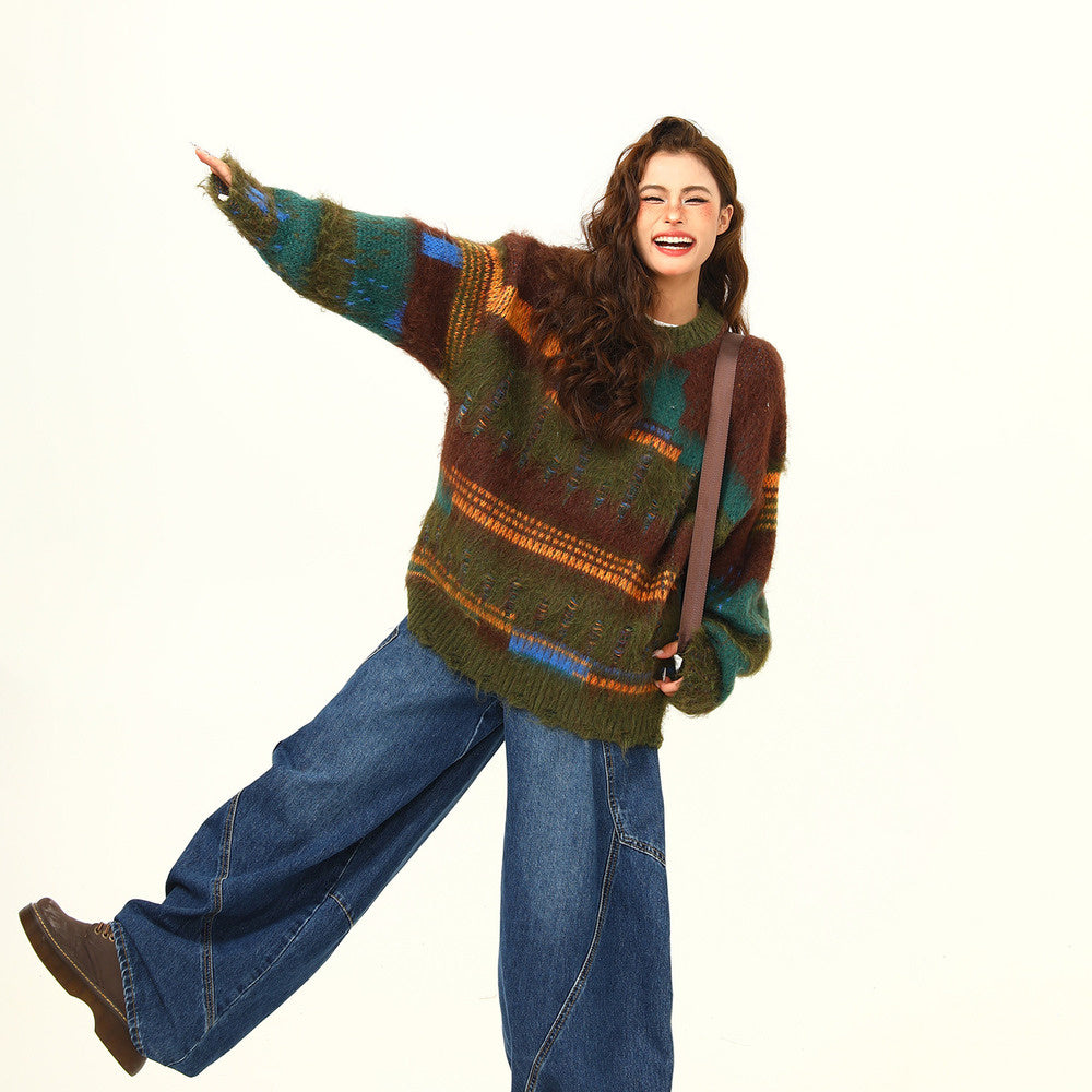 美式復古不規則拼接設計感馬海毛毛衣秋冬寬鬆慵懶風針織衫毛衣