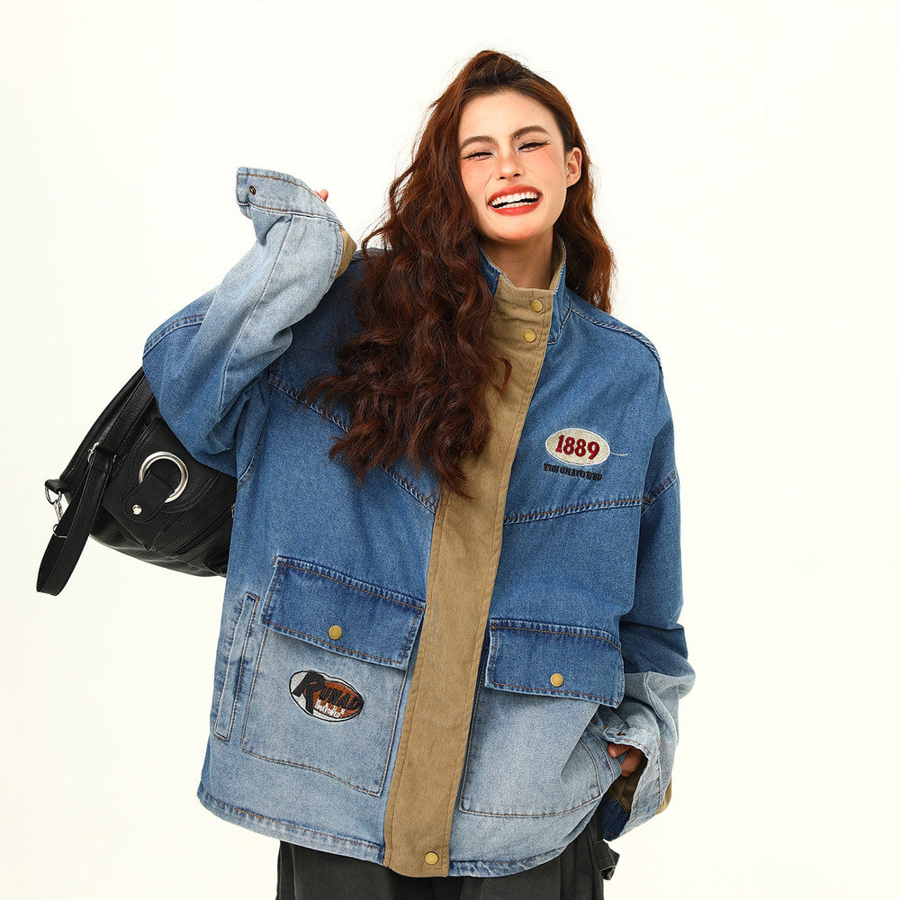 美式街頭撞色拼接Vintage字母刺繡水洗牛仔外套工裝夾克情侶