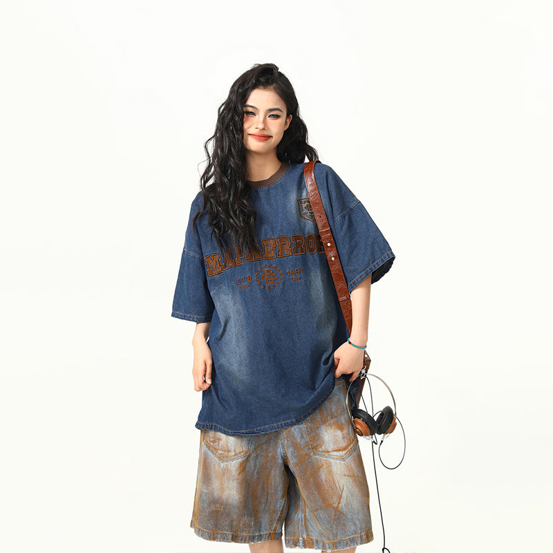 美式復古重工刺繡水洗牛仔短袖T恤女寬鬆夏半袖情侶上衣