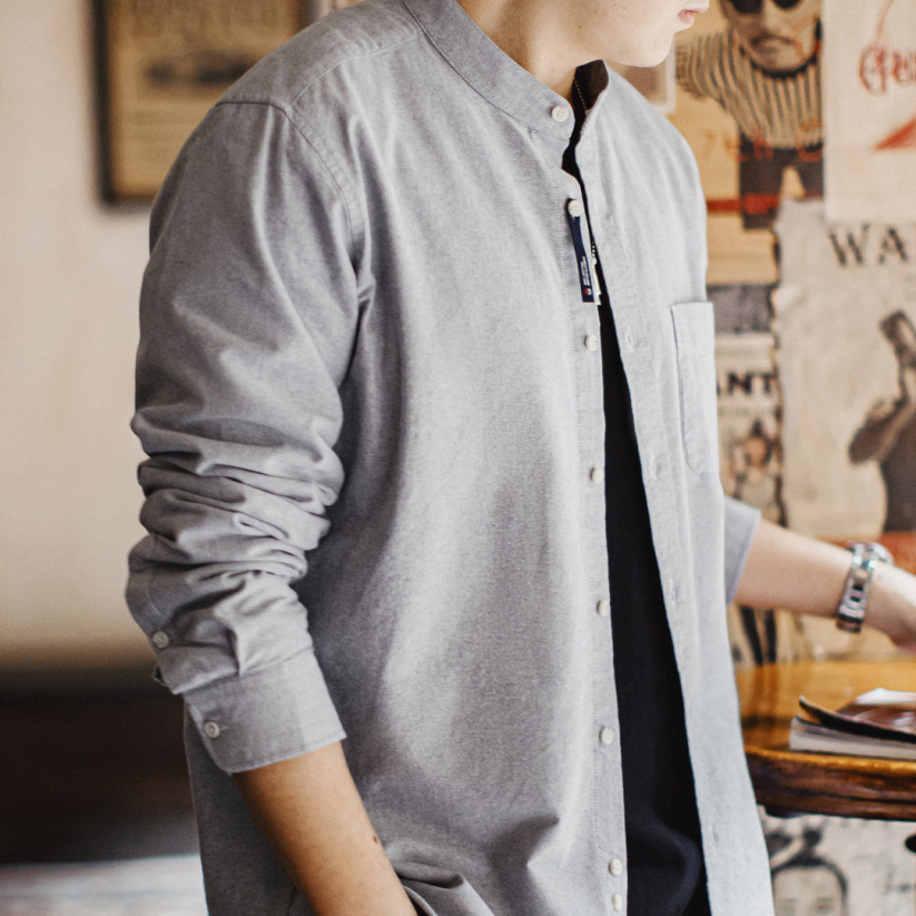 馬登工裝 美式牛津布長袖襯衫小高領立領牛津紡純棉襯衣外套男春