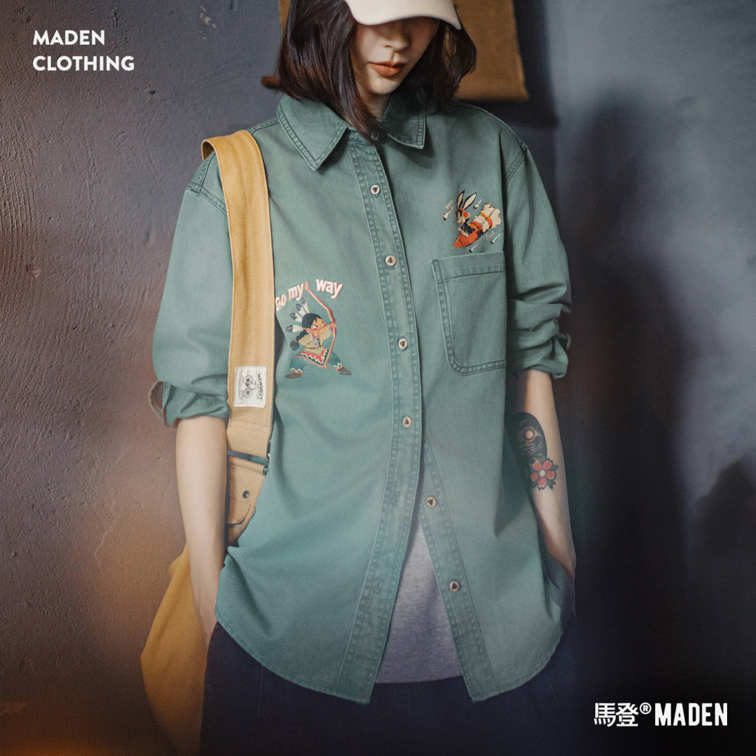 馬登女裝 純棉復古水洗日系刺繡印花寬鬆長袖襯衣衫外套硬挺上衣女士秋