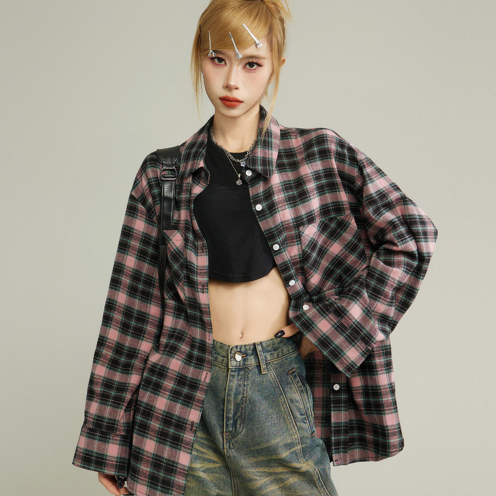 美式復古格子長袖襯衫外套女秋設計感小眾襯衣上衣